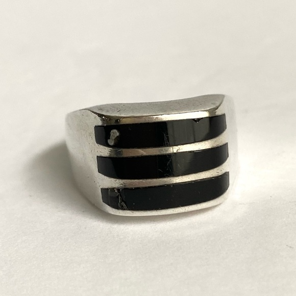 Vintage Sterling Silver Black Onyx Inlay Ring Mexico Heavy Solid Unisex Size 13 - Picture 5 of 15